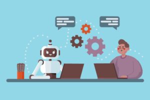 GEO קידום בבינה מלאכותית AI איור של אדם ורובוט יושבים יחד